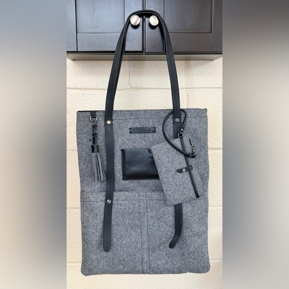10: Sherpani Gray Felt Tote with Black Trim and Pouch 14.5” x 18.5”